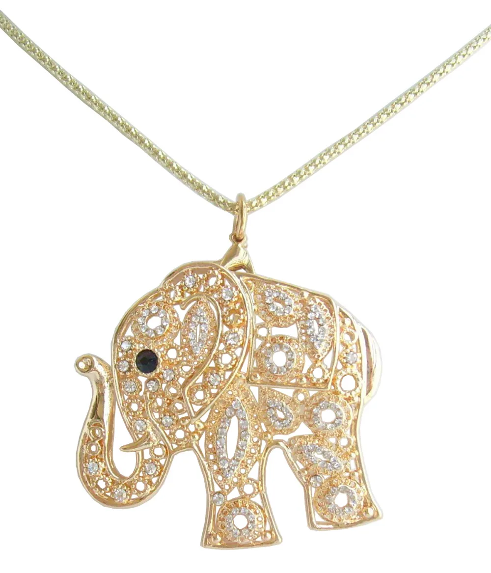 Unique Gold Tone Elephant Necklace Pendant Clear Rhinestone Crystal ...