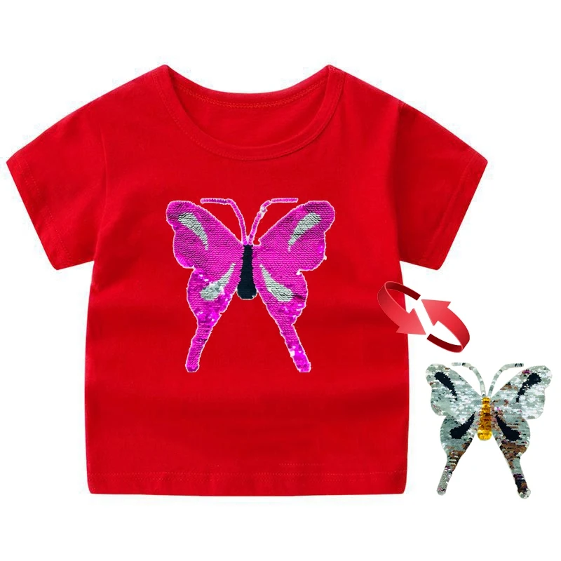 Menina do Menino Shirt das Crianças dos Desenhos 2019 Reversa Descoloração Rosto Flip Duplo Lantejoulas Borboleta Crianças Camisetas da t Animados T shirts Roupas 10 Cheap Camisetas
