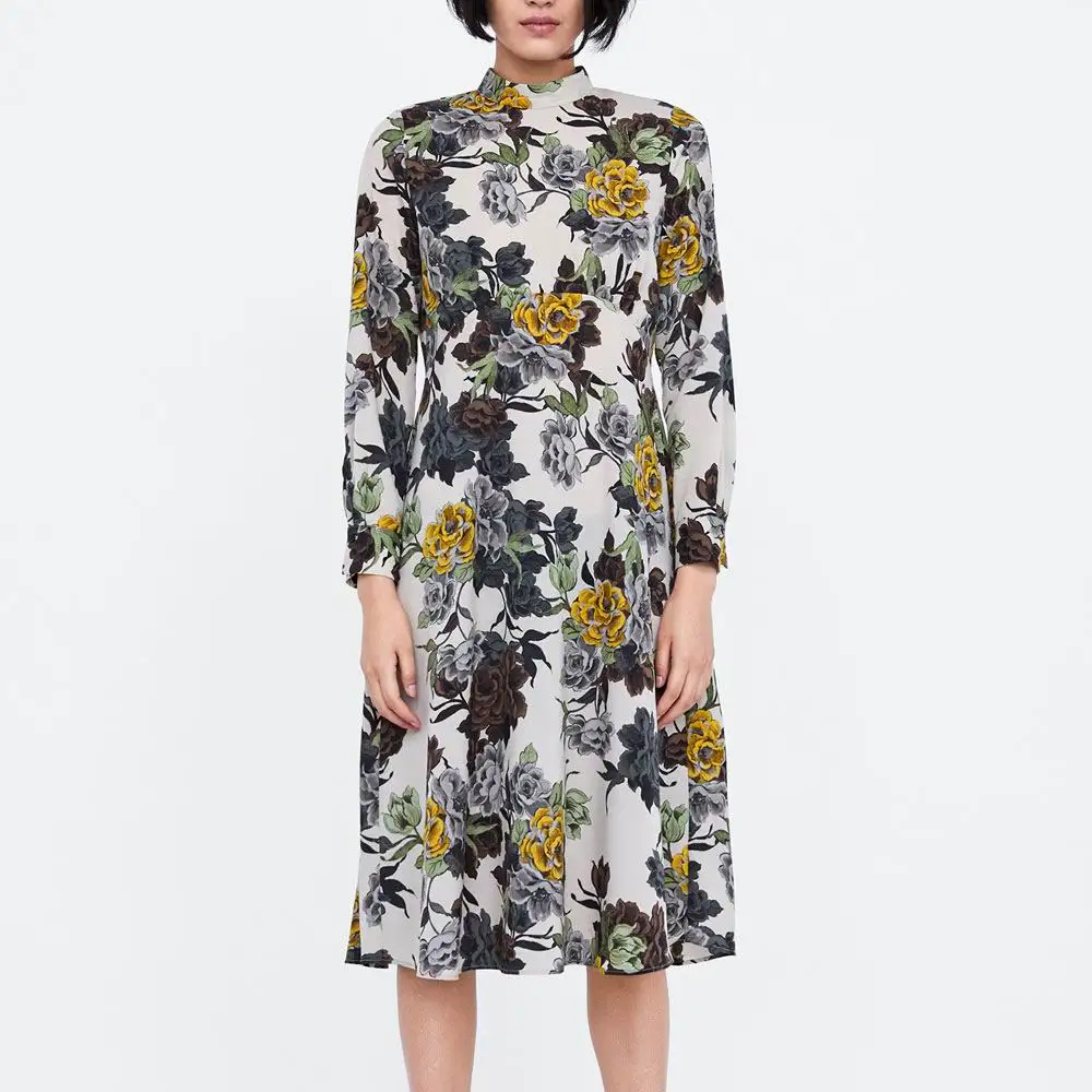 

2018 za Women sexy Ruffes print dress za loose retro foral print pleated dresses vestidos print Women Clothing vestidos