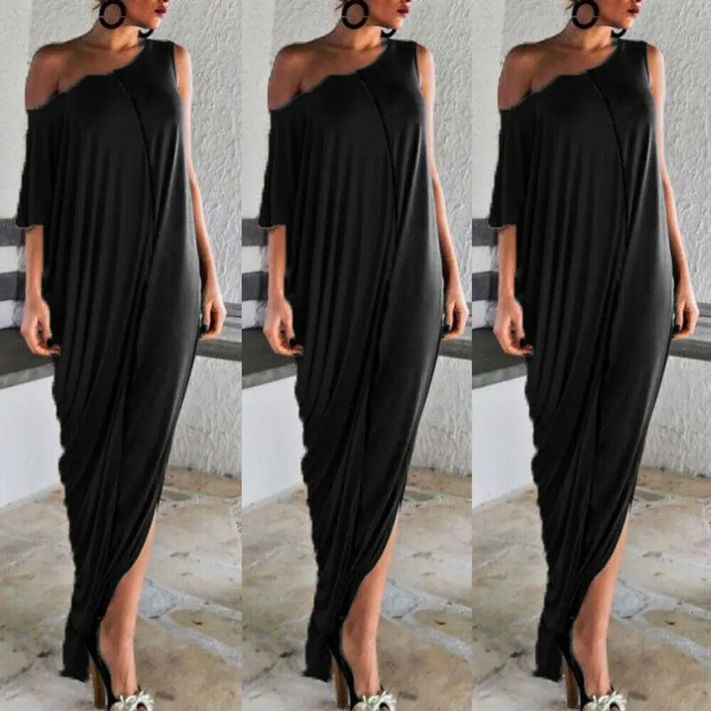Женское длинное платье макси с коротким рукавом OneShoulder летнее свободное круглым