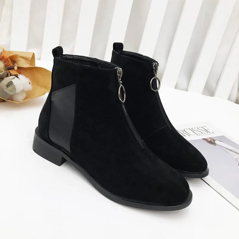 

BUROCH Boots women 2019 winter new low with the British wind flat student velvet front zipper Martin boots ankle boots for women