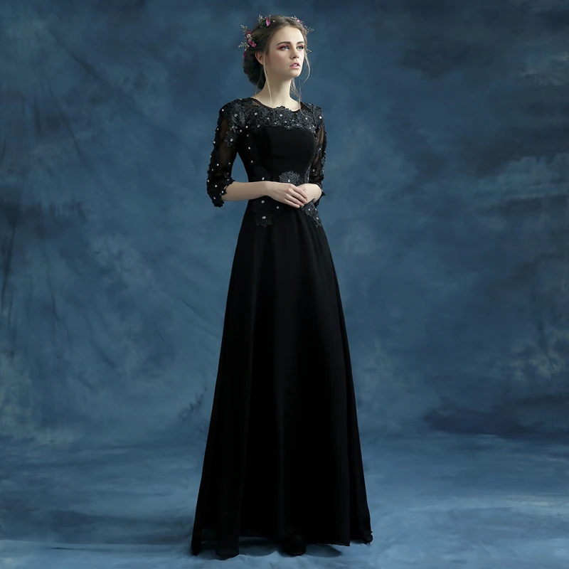 

half sleeves black long Evening Dress 2015 sexy a-line lace appliques crystal Formal robe de soire vestidos de festa longo