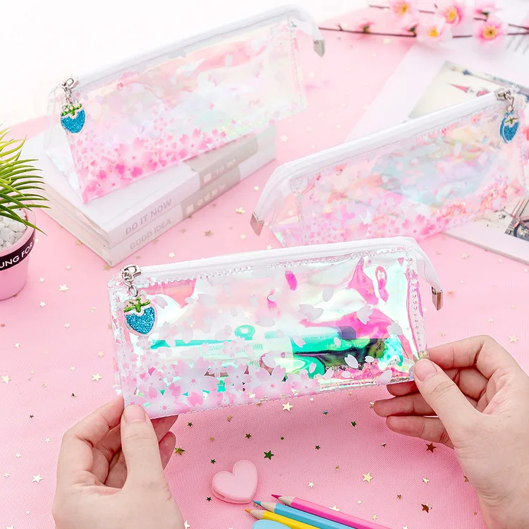 1 шт. цветной чехол карандаш с лазерными блестками Kawaii Cherry Blossom Прозрачный большой