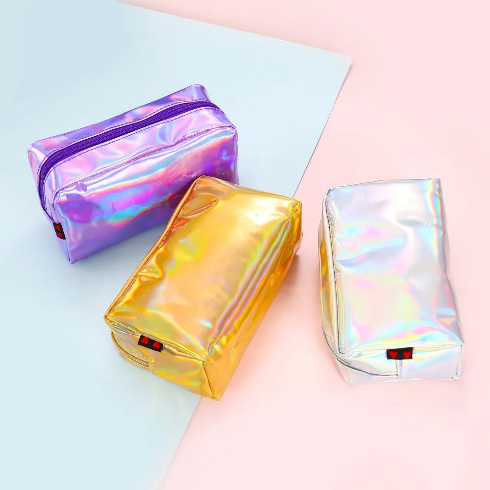 Holographic Laser Cosmetic Bag Fashion Holographic Pencil Case Cosmetic Makeup Pouch Laser Zipper Purse Bag Toiletry Cases