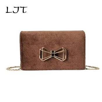 

LJT 2019 Hot Korean Ladies Velvet Messenger Bag Small Cute Bow Tie Chain Crossbody Bag for Girls Evening Party Bag Clutch Purse