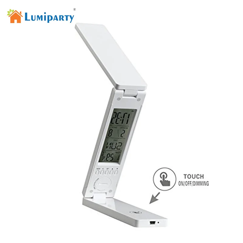 

LumiParty Dimmable Protect Eyesight Study Foldable Reading Table Lamp Light Touch Control Calendar Alarm Clock Temperature Led