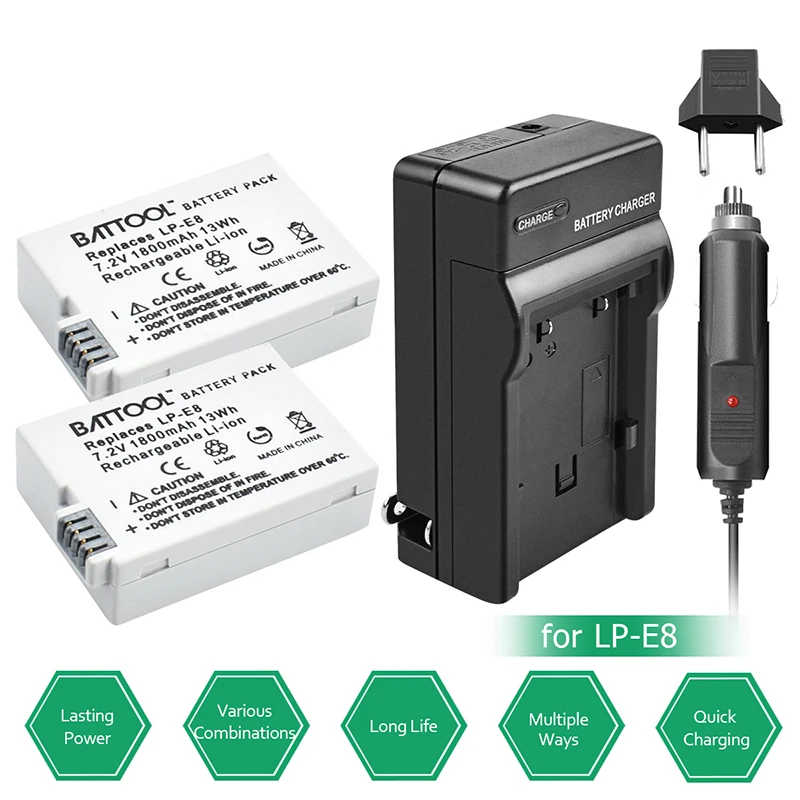 Battool 2pcs 1800mAh LP-E8 LP E8 Battery Pack + Charger for Canon Rebel T2i T3i T4i T5i Kiss X4 X5 EOS 550D 600D 650D 700D | Электроника