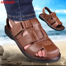 Летние мужские сандалии из натуральной кожи; кожаная пляжная обувь; Новинка года; Повседневные Удобные дышащие красивые тапочки;