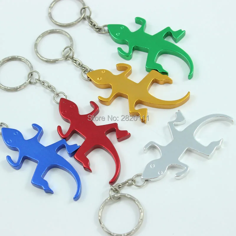 

Wholesale-240Pcs Gecko&Lizard Bottle Opener Keychain Aluminum Alloy Beer opener Promotion Keyring Gift Customize Logo- free ship