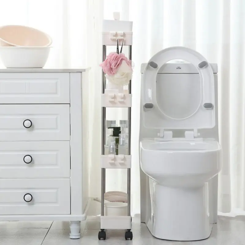 

2/3/4 Layers Fridge Side Shelf With Wheels and 6 hooks Kitchen Storage Rack Removable Bathroom Organizer Shelf Gap Holder