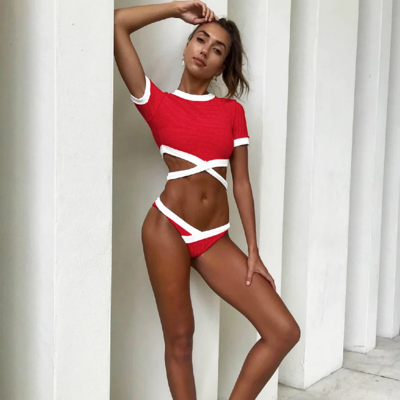 Spring Summer 2019 Bikinis Mujer Short Sleeve Cheerleading Swimsuit May Teenage Girl Swimwear Female Badpak Beach Swimming Suit