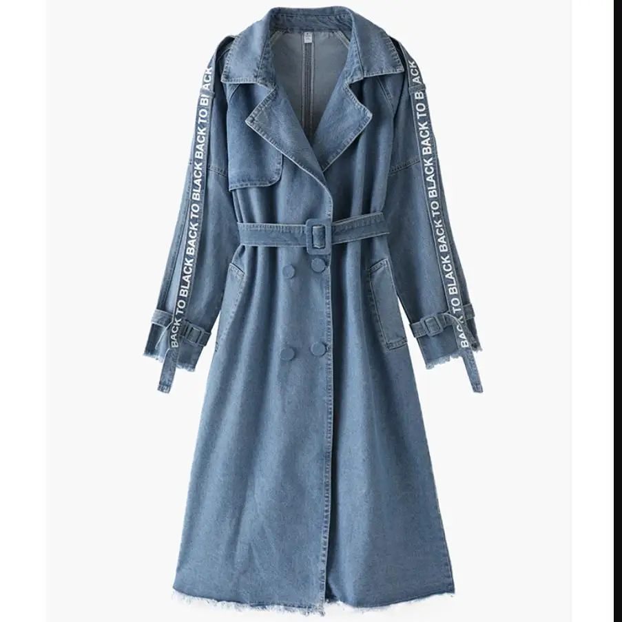 

plus size 4XL! autumn Jeans Coat Women Fashion Belt Slim Denim Trench Coat Long Sleeve Casual Double Breasted Windbreakers