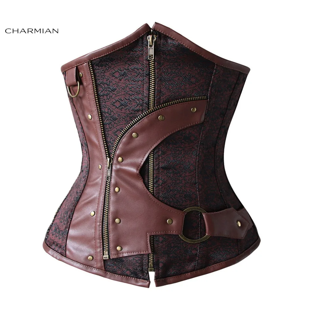 

Charmian Gothic Steampunk Corset for Women Steel Boned Underbust Corset Old Fashion Waist Trainer Corset with Zipper and Chains