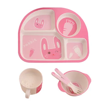 

5 PCS/Set Baby Tableware Set Meal Plate Fork Bowl Cup Spoon Tableware Set Eco-Friendly Bamboo Dishes Food-Safe Feeding Set