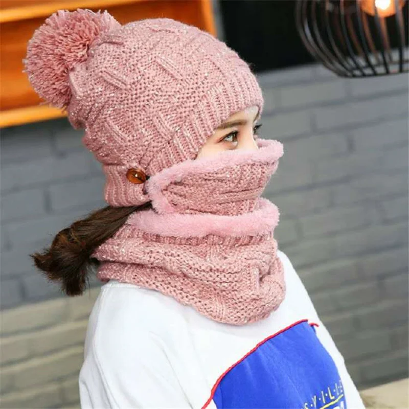 

Winter Lady Scarf + Hat + Balaklava Mask Gorras Bonnet Knit Cap Outdoor Ski Cap