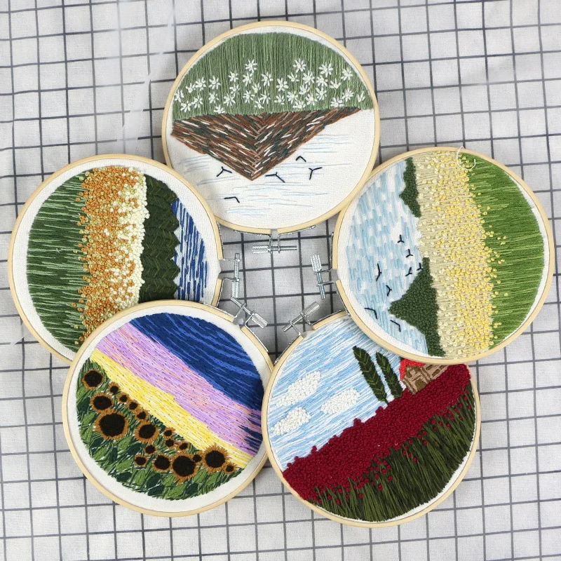 

Europe DIY Flowers Landscape 3D Ribbon Embroidery Set with Round Frame Cross Stitch Printed Cartoon for Beginner Gift Home Decor