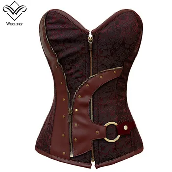 

Wechery Steampunk Corset Gothic Clothing PVC Leather Corsets & Bustiers Lace up korset Corsage Basque Zipper Bustier Corsets Top