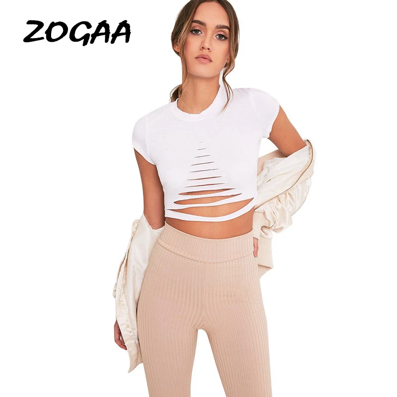 

ZOGAA Sexy Ripped Out Holes Women T-shirts Silm Fit Midriff-baring O-neck Basic Short Sleeve Elegant Summer Female T-shirts Tops