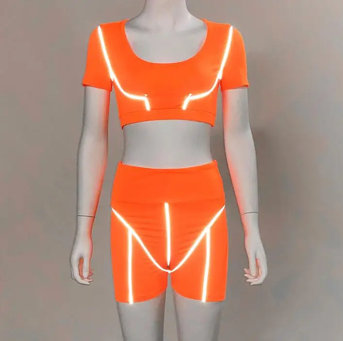 

New women's fluorescent color short T-shirt + high waist contrast color shorts two-piece suit