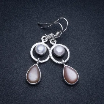 

Natural Cat Eye and River Pearl Bohemian 925 Sterling Silver Drop Earrings 1 1/2" R2195