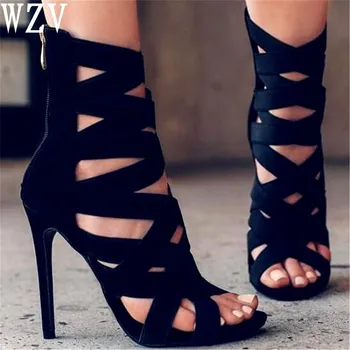 

11.5CM Thin Heels Women Pumps Ankle Cross Strap Sandals Shoes Woman Ladies Pointed Toe High Heels Dress Party Shoes