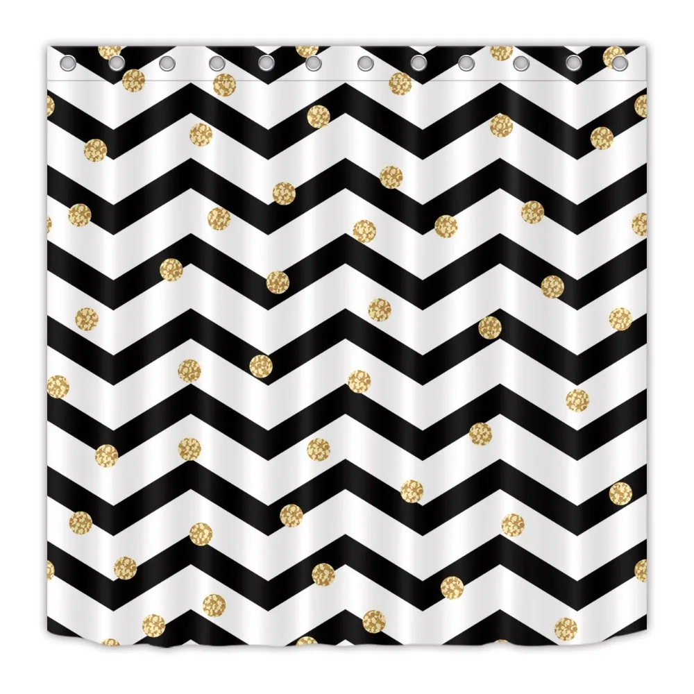

72'' Zigzag Black And White Pattern Golden Dots Bathroom Waterproof Fabric Shower Curtain Polyester 12 Hooks Bath Accessory Sets