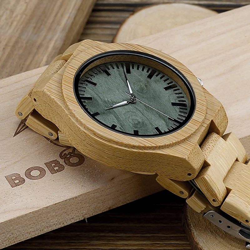 Bobobird B22 Mens Top Brand Design Green Wood Dial Full Bamboo Wooden Quartz Watches Japan 2035 Miyota Movement