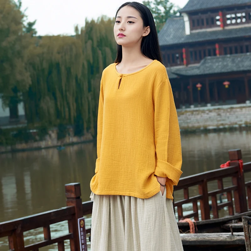 المرأة طويلة الأكمام قمصان فضفاضة الترفيه بلوزة القطن و الكتان blusa الأنثوية خمر camisa الربيع الخريف السترة قميص