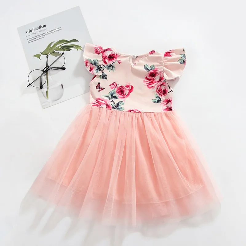 0-4T Summer Casual Sweet Baby Girls Clothes Floral Flare Sleeve Dress Mesh Design Kids Toddler Sundress Tutu Dress