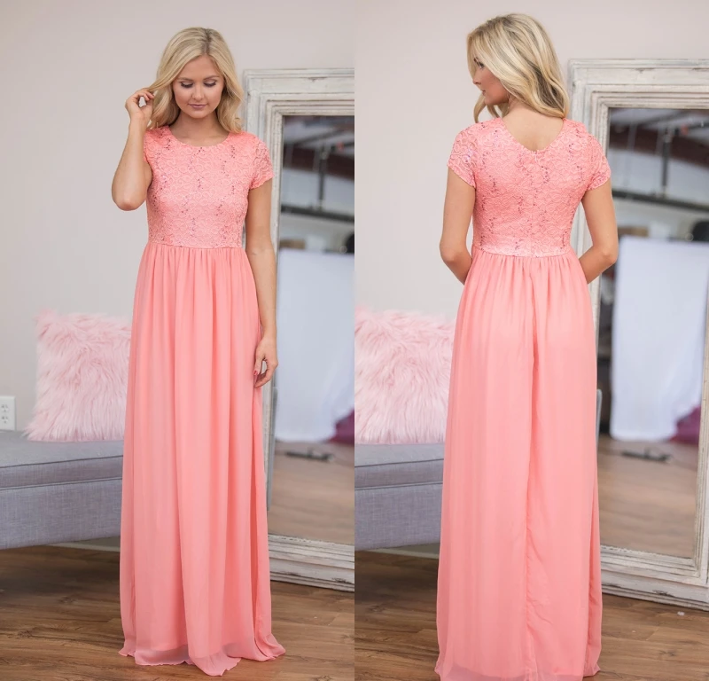 2019 Coral Modest Bridesmaid Dresses With Cap Sleeves A