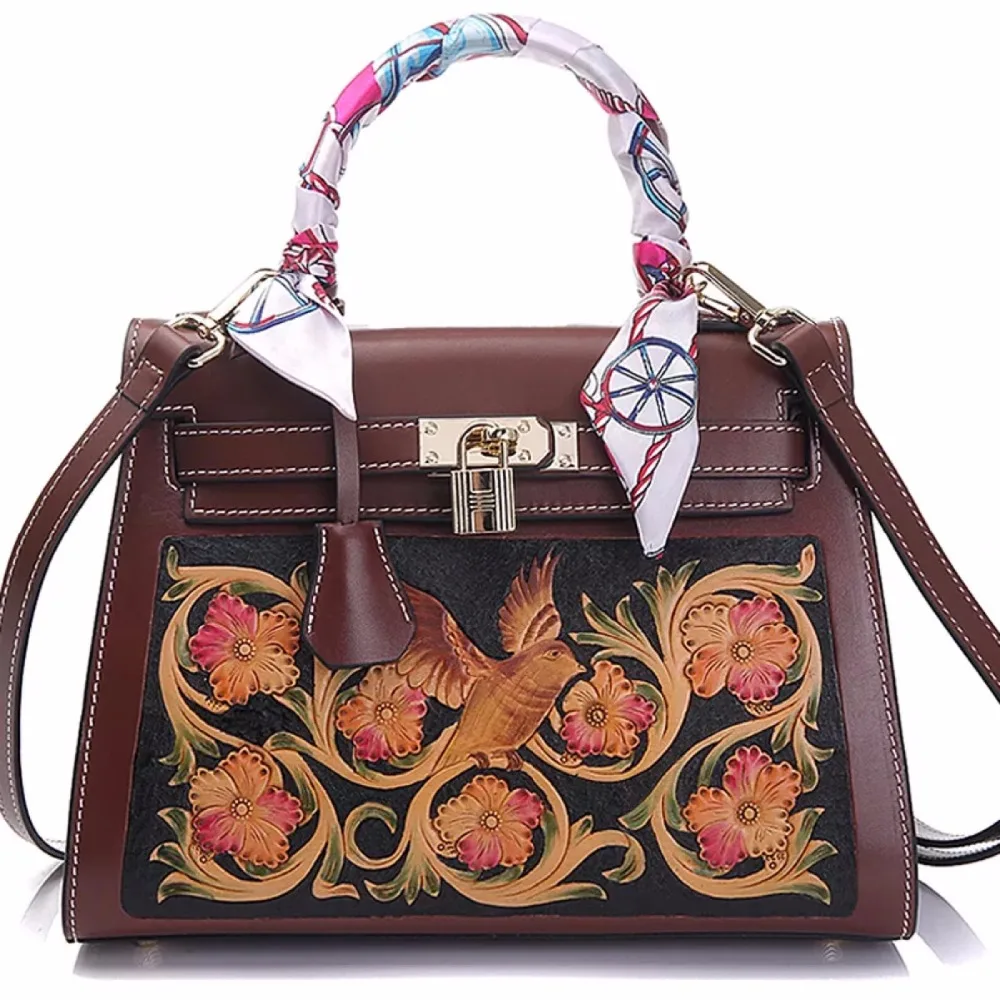 

Handmade Luxury Birds and Flowers Designer Genuine Leather Engraved Metal Lock Women's Handbag Female Ladies Cross Shoulder Bag