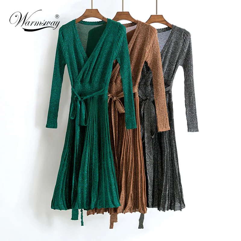 

Spring Pleated Large Hem V Collar High Waist Lace Up Shiner Lurex Knitted Elastic Dress Women New Vintage Clothing C-006