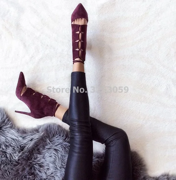 Sexy Women Wine Red Suede Pointed Toe Pumps Lace-up Hollow Out High Heels Unique Brand Office Lady Cut-out Burgundy Dress Shoes Sexy Women Wine Red Suede Pointed Toe Pumps Lace-up Hollow Out High Heels Unique Brand Office Lady Cut-out Burgundy Dress Shoes