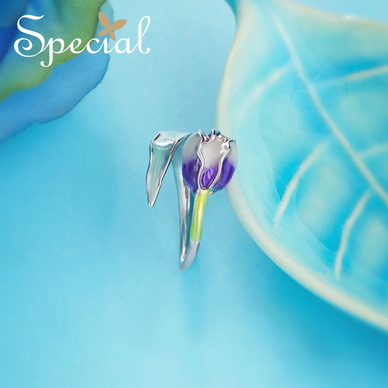 Кольцо женское эмалированное с цветком и тюльпаном S1720R|jewelry gift|ring sizeopen ring |