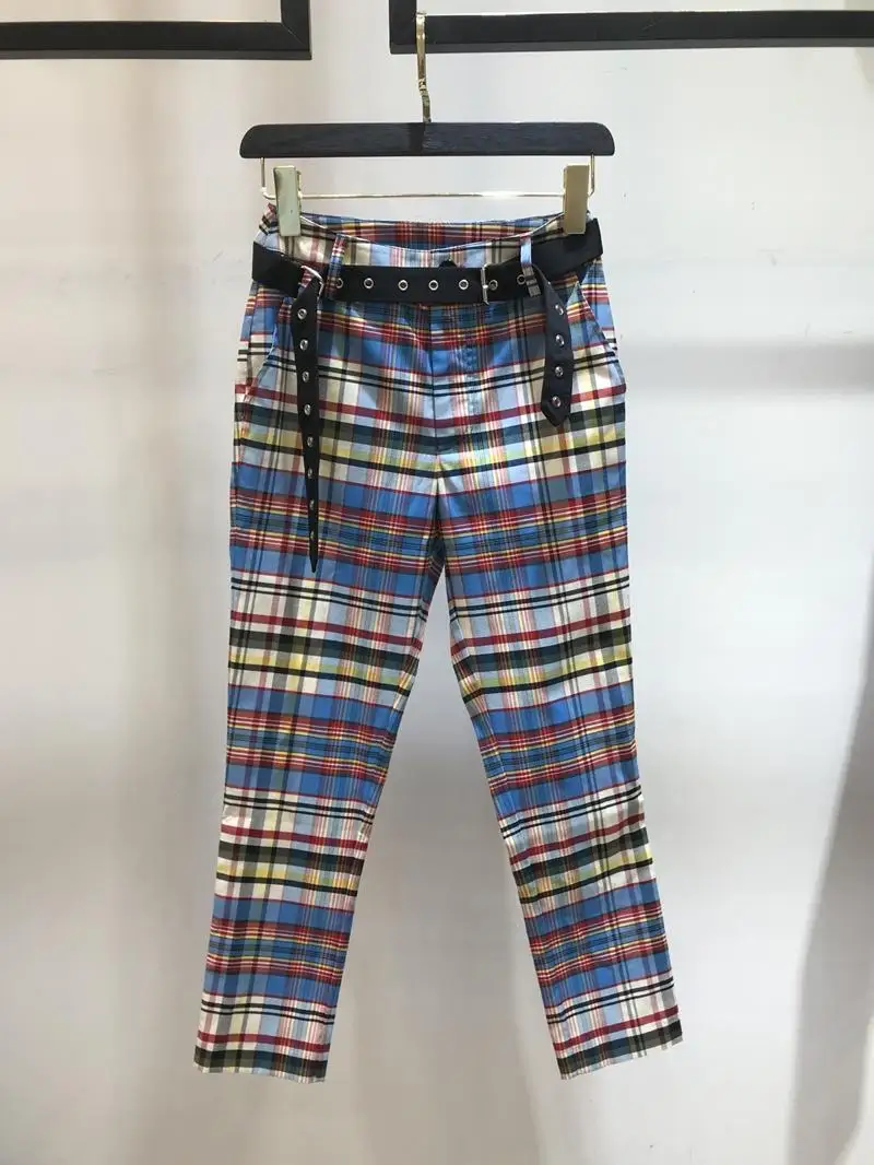 

2019 Women's Fashion Slim Belt Plaid Women's Trousers 0611