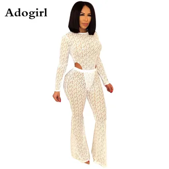 

Hollow Out Transparent Mesh Patchwork Two Piece Suit Long Sleeve Bodysuit and Wide Leg Flares Pants Night Club Slim Elastic Suit