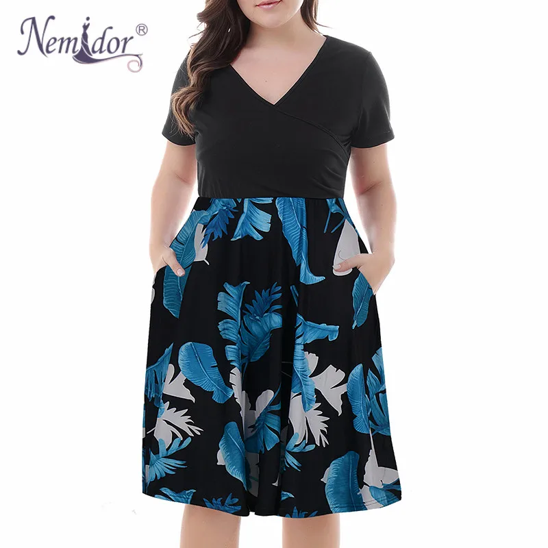 Nemidor Women's V-Neck Print Pattern Casual Work Stretchy Plus Size Swing Dress with Pocket (10)