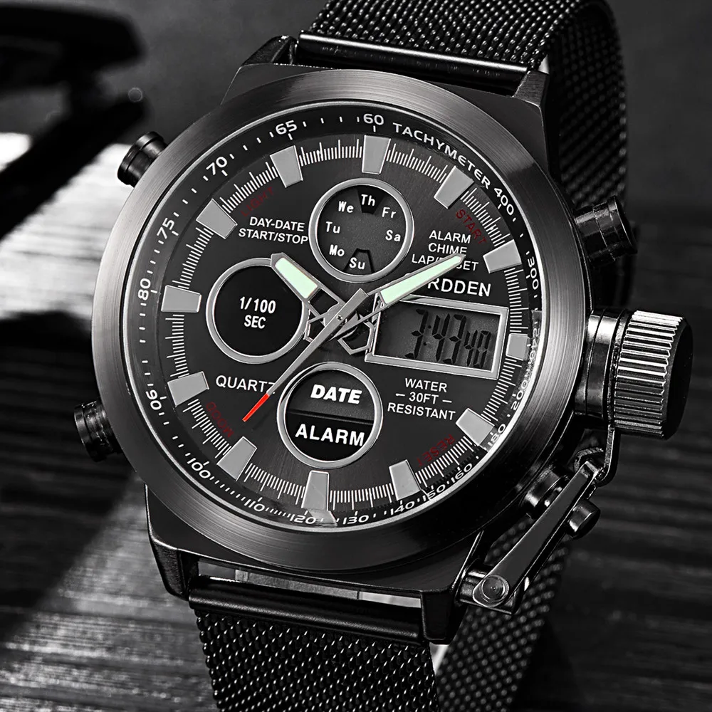 

Watch Men Erkek Kol Saati Men's Watch Wrist Dual Time LED Digital Analog Quartz Movt Steel Band Mens Watches Top Brand Luxury