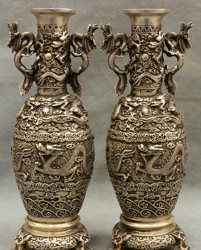 

song voge gem S3505 12" China Dynasty Palace Silver Nine Dragons Statue Flower Bottle Vase Pot Pair