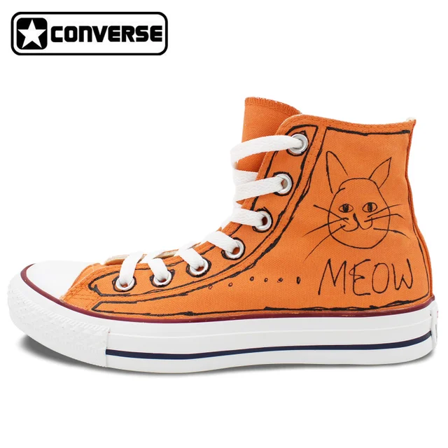 Best price at $128 Cheap Original Converse All Star Boys Girls Shoes Meow Graffiti Design Custom Hand Painted Shoes Women Men Sneakers Orange Shoes