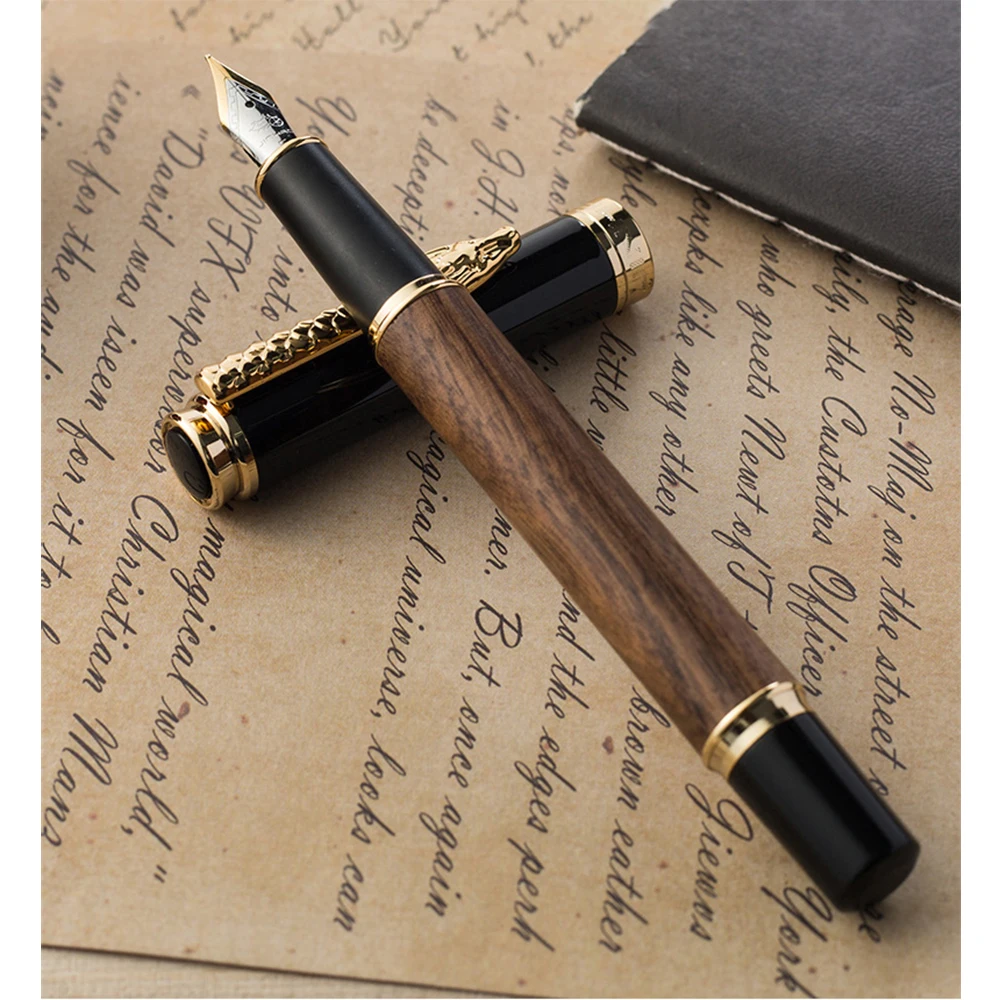 Ручка перьевая Jinhao 8802 деревянная с зажимом в виде Золотого Дракона|Перьевые