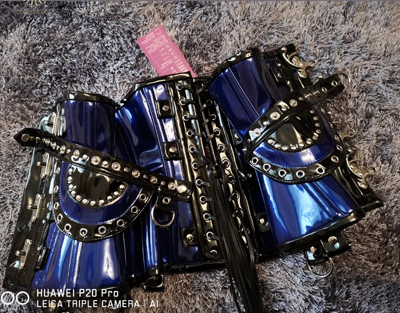 2019 Annzley Corset Steel Boned Blue Leather Underbust Corset With Horn Lock And Detachable Belt (8)