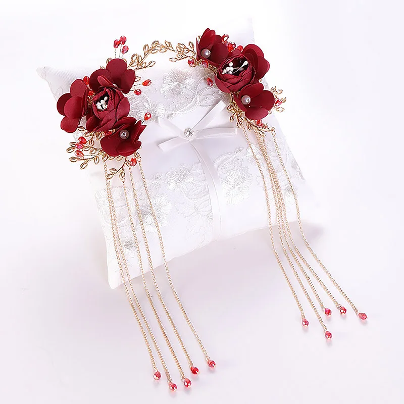FORSEVEN китайский красный цветок розы кисточки шпильки для волос кристалл свадебные шпильки головной убор невесты свадебные украшения для волос аксессуары JL