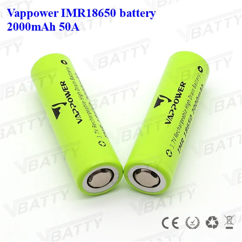 2000mAh 3,7 V Li-Ion Vappower IMR18650 Перезаряжаемый 18650 2000mAh 50A мощный аккумулятор для фонарика камеры