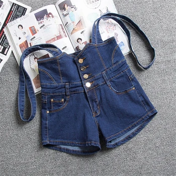 

Summer Women Blue Denim Shorts Single-breasted Slim Strap Denim Overalls Fashion Female College Wind Jeans Shorts Plus Size 4XL