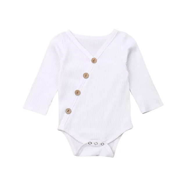 Коллекция года, весенне-осенняя одежда для малышей комбинезон в рубчик для новорожденных мальчиков и девочек, трикотажный однотонный комбинезон с длинными рукавами и v-образным вырезом для детей от 0 до 24 месяцев - Цвет: Белый