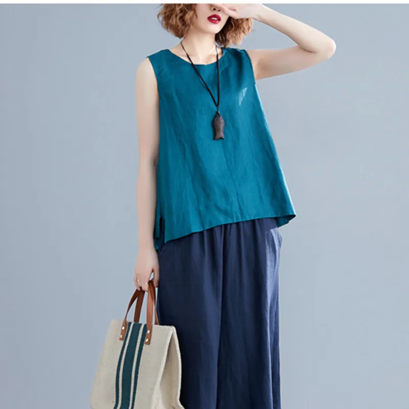 

Johnature Casual Simple Women Tanks Summer 2019 New Solid Color Sleeveless O-neck Loose Linen 3 Colors Female Tops