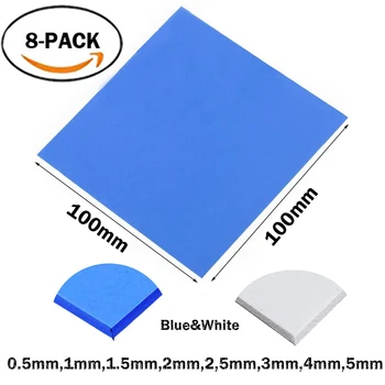 전도성 실리콘 방열판 열 패드, 블루 화이트 칩, 8 사이즈, 100x0.5,1,1.5,2,2.5,3,4,5mm, 세트당 8 개