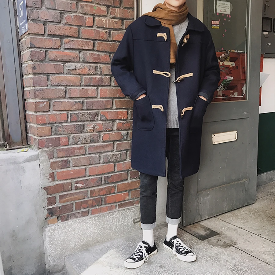 Тонкое Мужское пальто с шерстяным воротником, черное корейское пальто с пуговицами, Harajuku Casacos Masculino, мужские длинные пальто 5N002