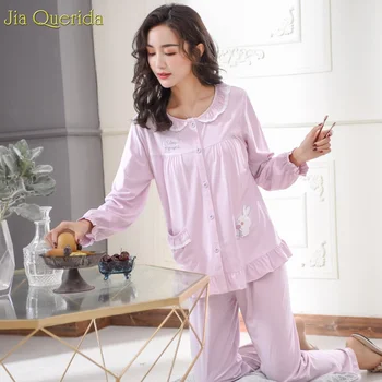 

Women 100% Cotton Home Clothes Cardigan Button Lace Trim Collar Cute Rabbit Stitch Ruffle Sleeves Women Pajamas Elegant Pyjamas